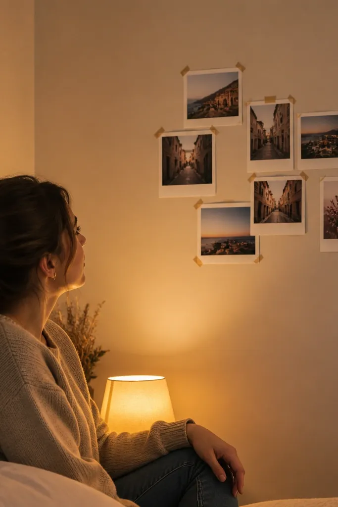 Overlapping Polaroid-style photos pinned with tape corners in a cluster