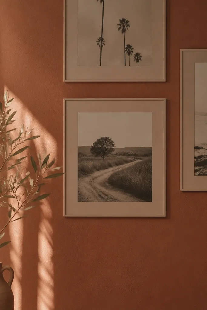 Photos on a warm color-block backing with consistent tonal borders