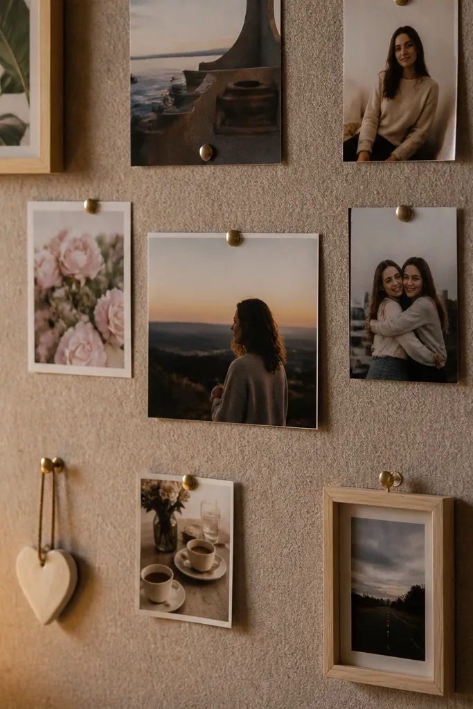 Felt pinboard with small frames attached using push pins