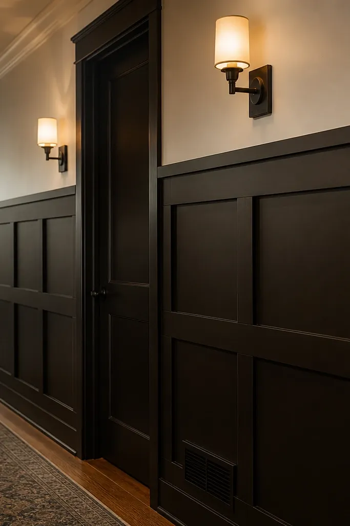 Dark espresso wainscoting panels with a simple square grid