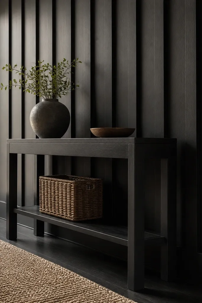 Near-black vertical board-and-batten wainscoting with wide ribs