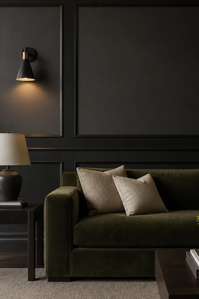 Black top and bottom rails with charcoal wainscot panels