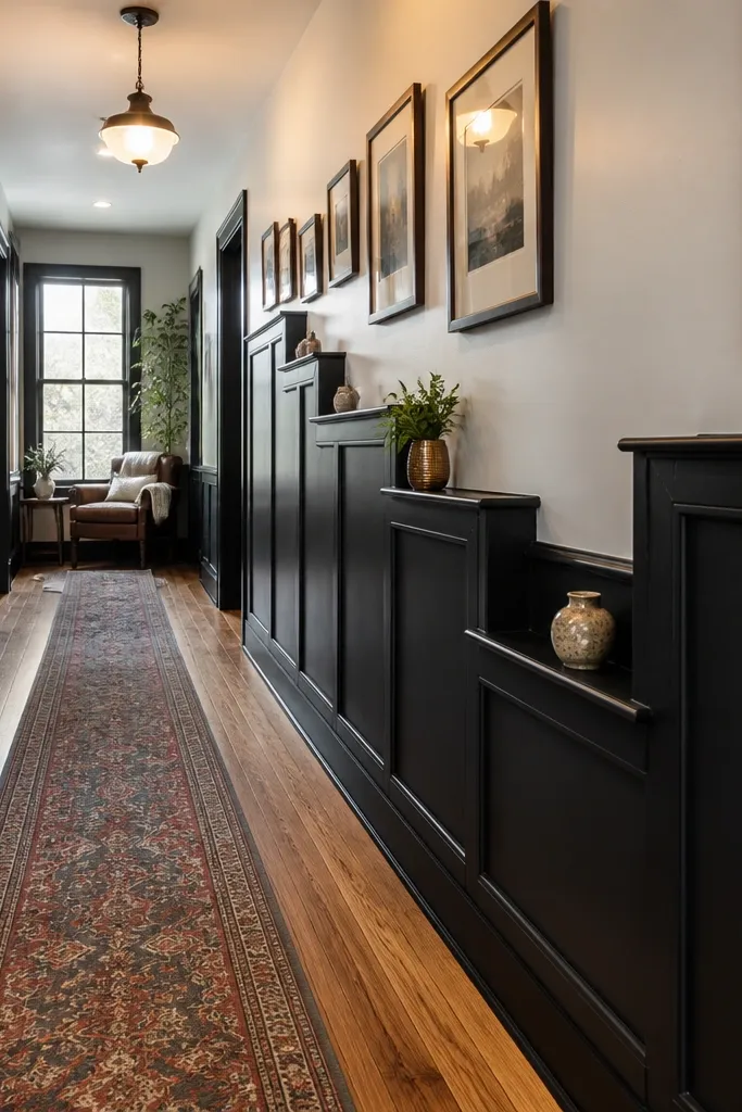 Dark wainscoting with staggered horizontal panels