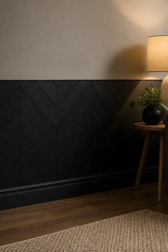 Dark herringbone wainscoting panels across the lower wall