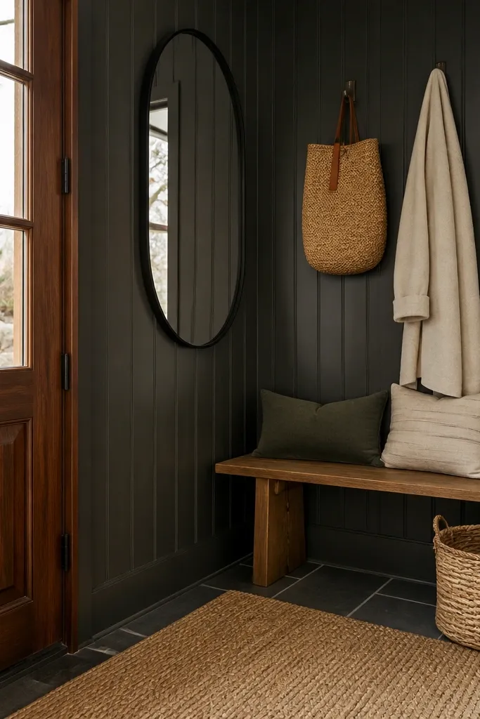 Dark beaded board wainscoting with small vertical texture lines
