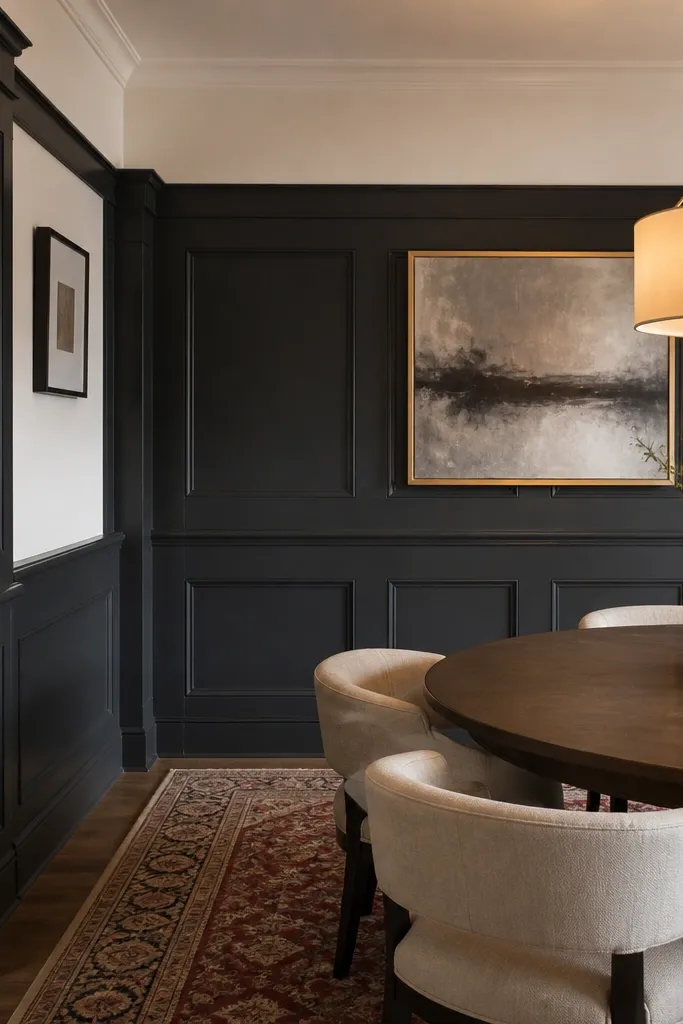 Dark wainscoting with column-like corner trim pieces