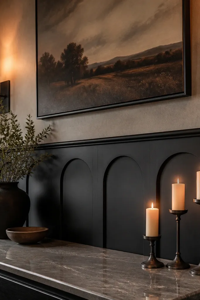 Dark wainscoting with simple arch-shaped panel borders