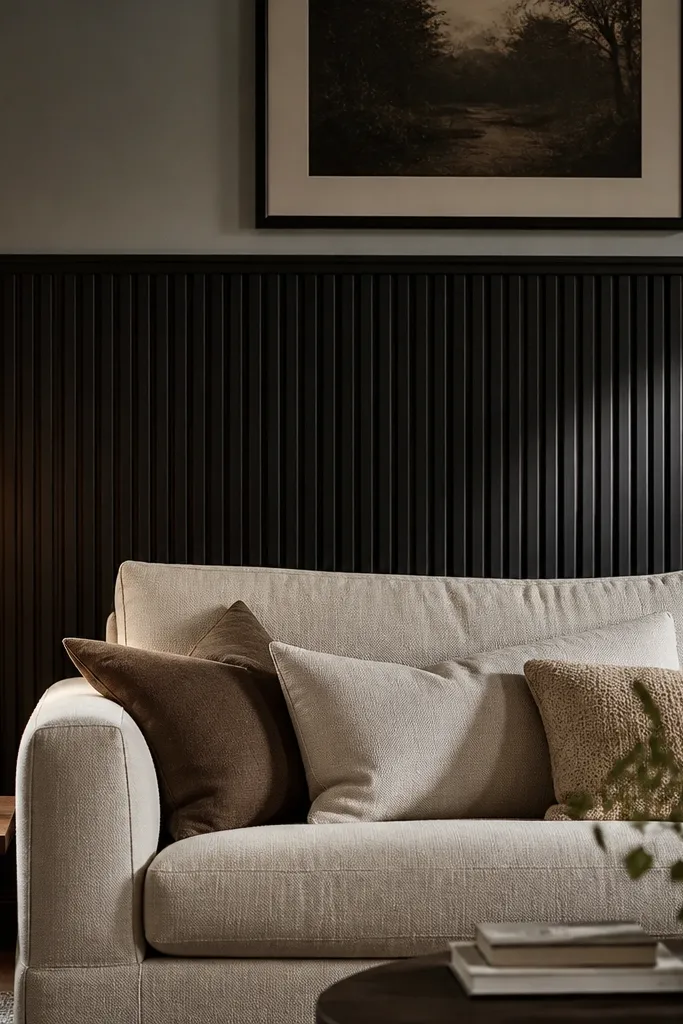 Dark vertical slat wainscoting with a clean top cap molding