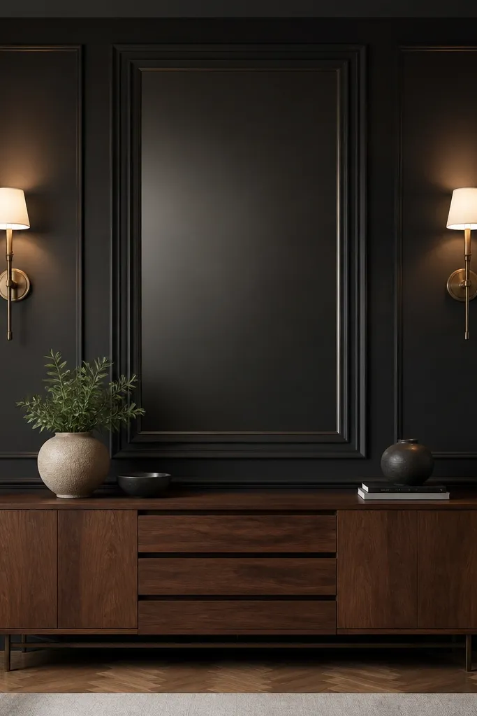 Dark wainscoting with one centered panel framed by simpler sections