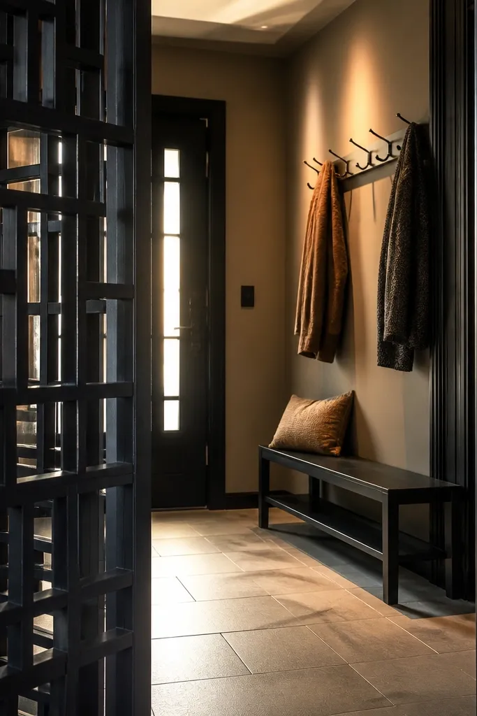 Dark wainscoting with open lattice lines and square openings