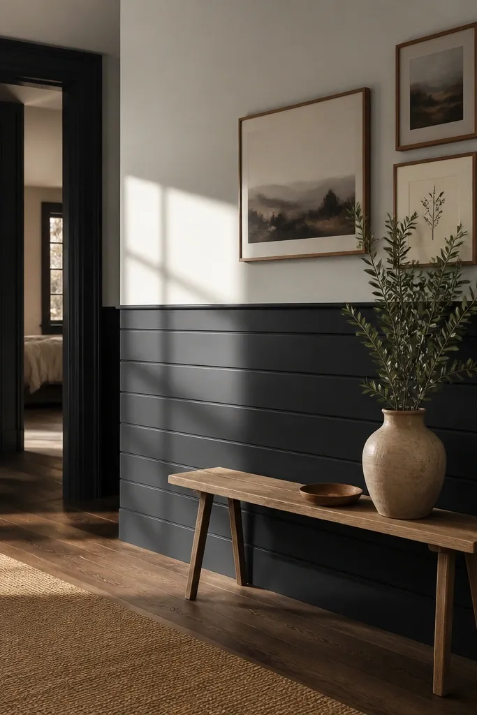 Dark wainscoting with horizontal bands and simple panel rectangles