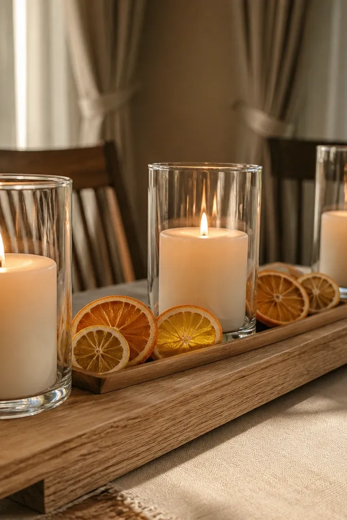 Burnt orange dried citrus slices with three candles on a wooden riser