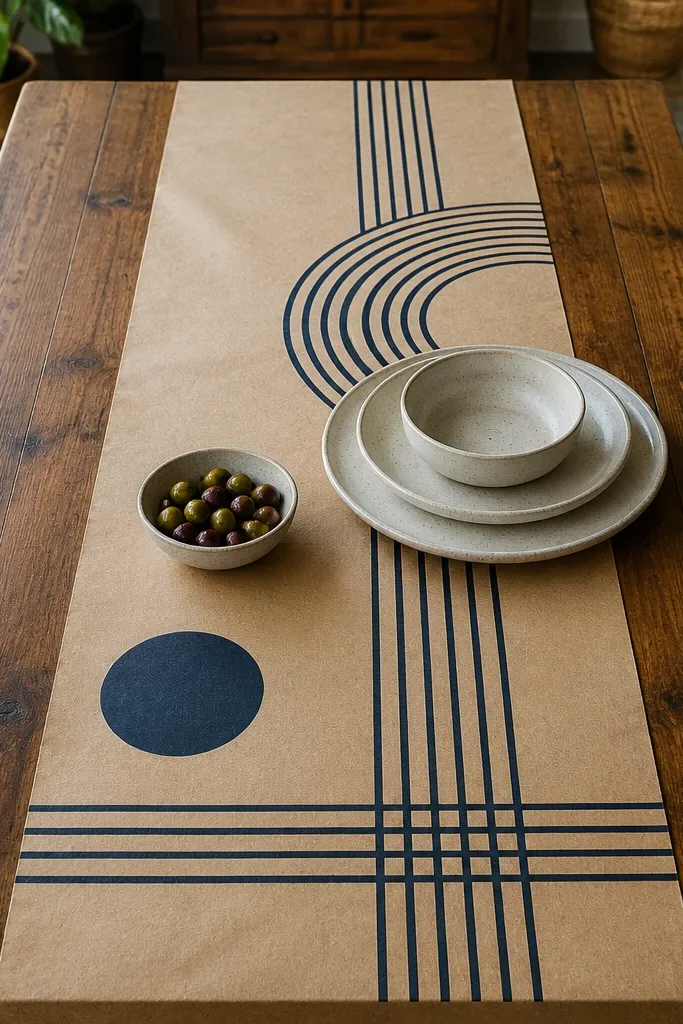 Brown kraft paper runner with straight printed lines and a linen napkin set