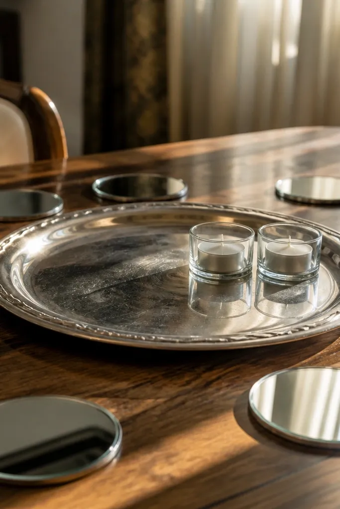 A silver tray with scattered mirrored coasters and two pillar candles