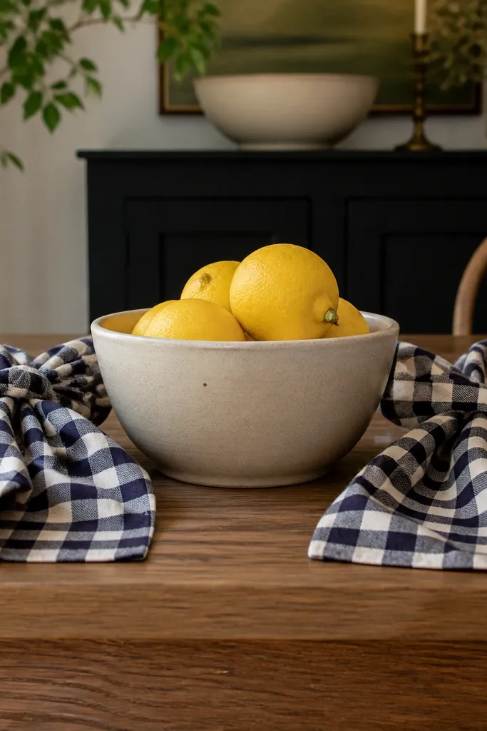 Gingham napkins tied into knots around a plain stoneware bowl