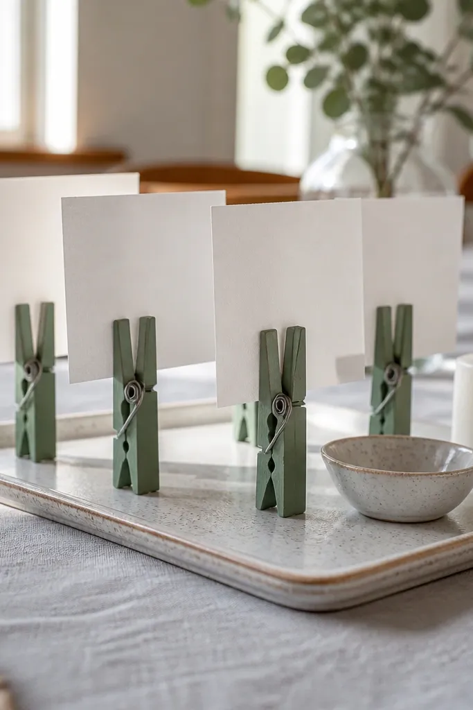 Painted clothespins holding small place cards on a mini metal tray