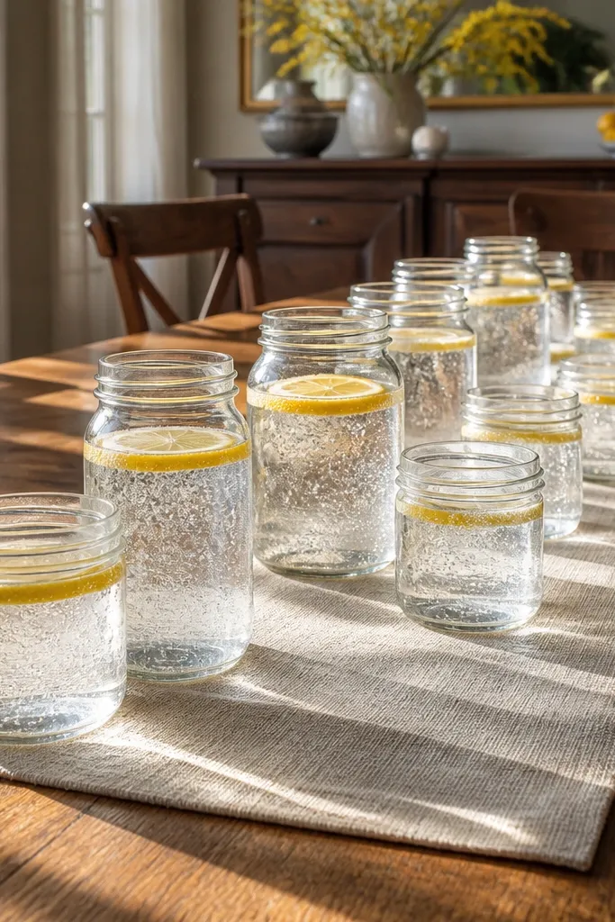 Small glass jars with lemon slices and clear salt scattered across a table