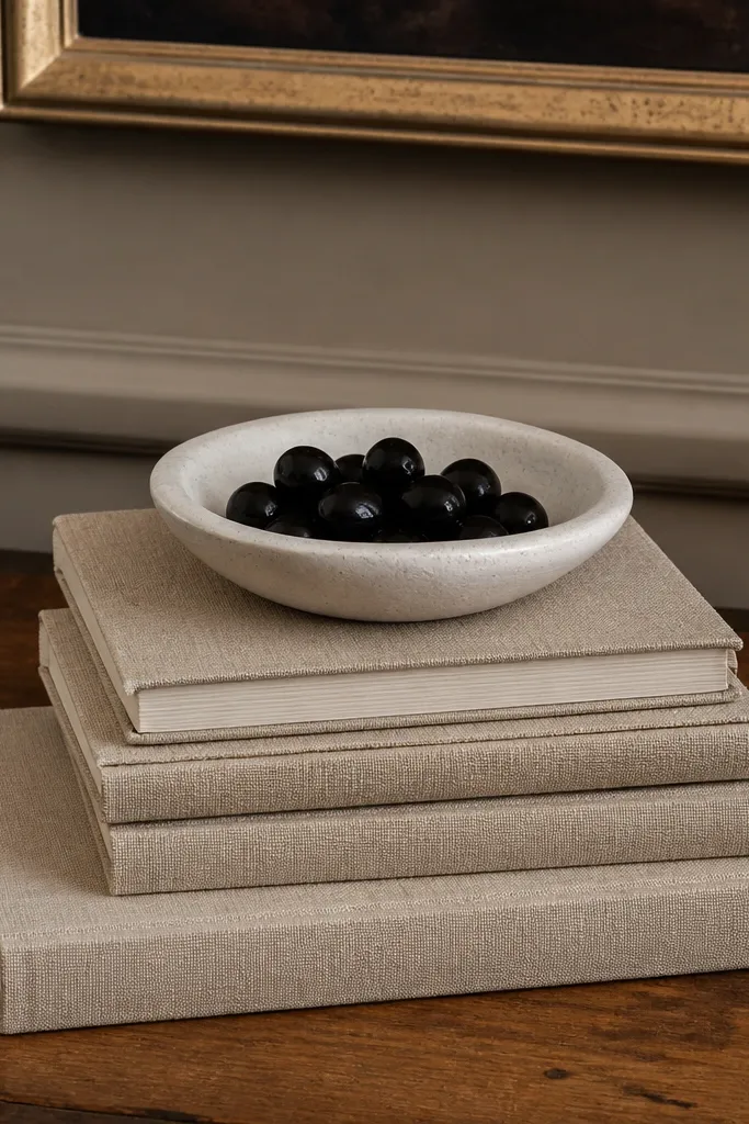 Two stacked books with a ceramic bowl on top as a centerpiece riser