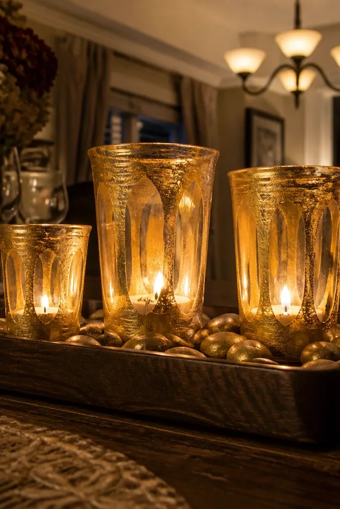 Clear cups sprayed in soft color holding candles like lanterns