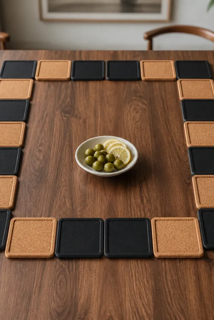 Coasters arranged in a neat checker pattern around a central bowl