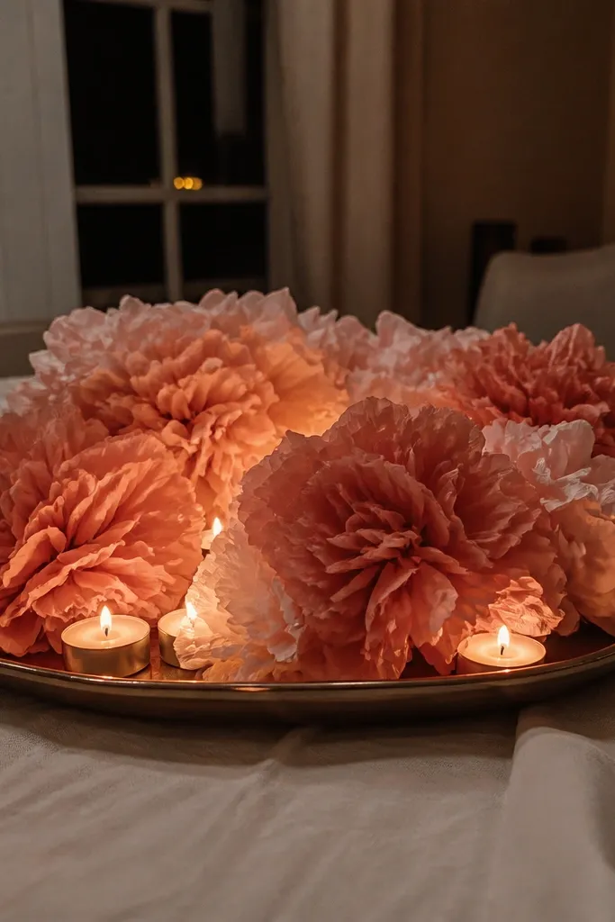 Colorful paper pom-poms on a tray with tea lights around them