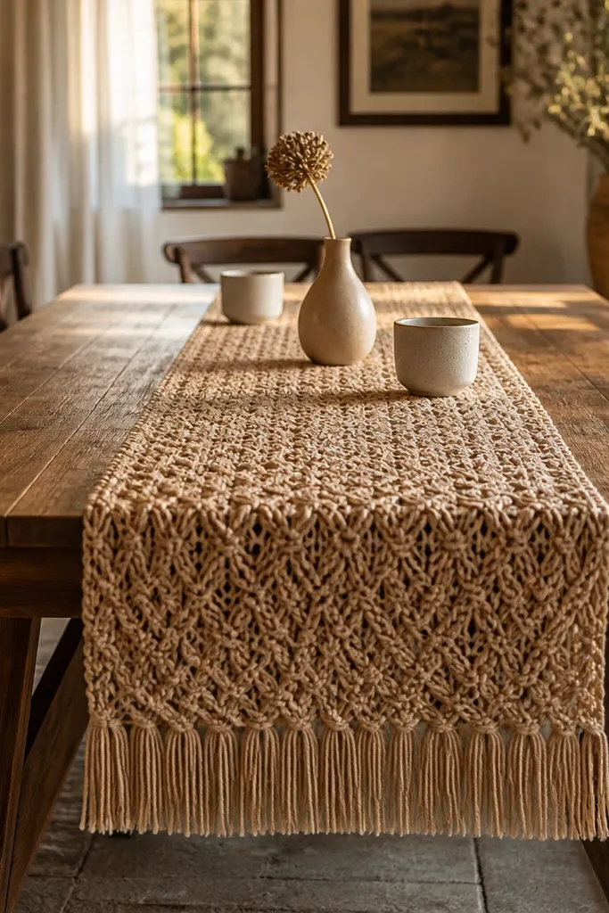 Jute runner with short fringe and a candle centerpiece