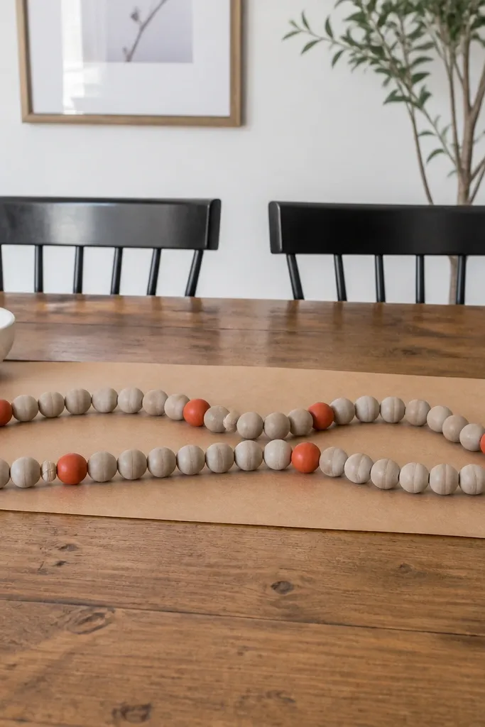 Wood bead garland in neutral colors across a dining table with candles