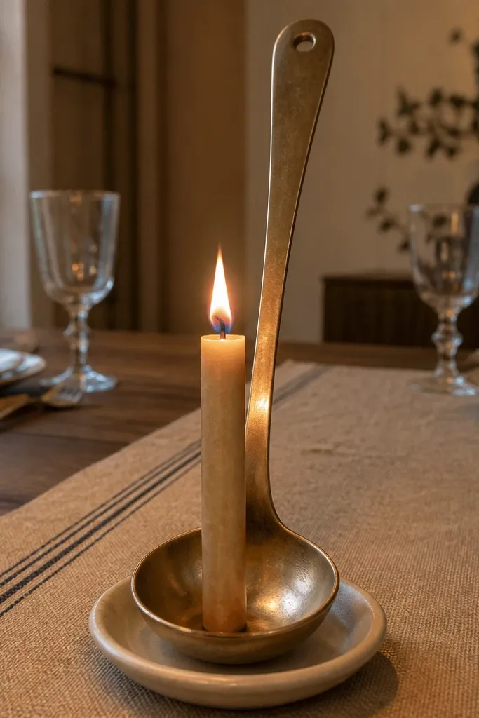 Large serving spoon holding a candle with a small bowl centerpiece
