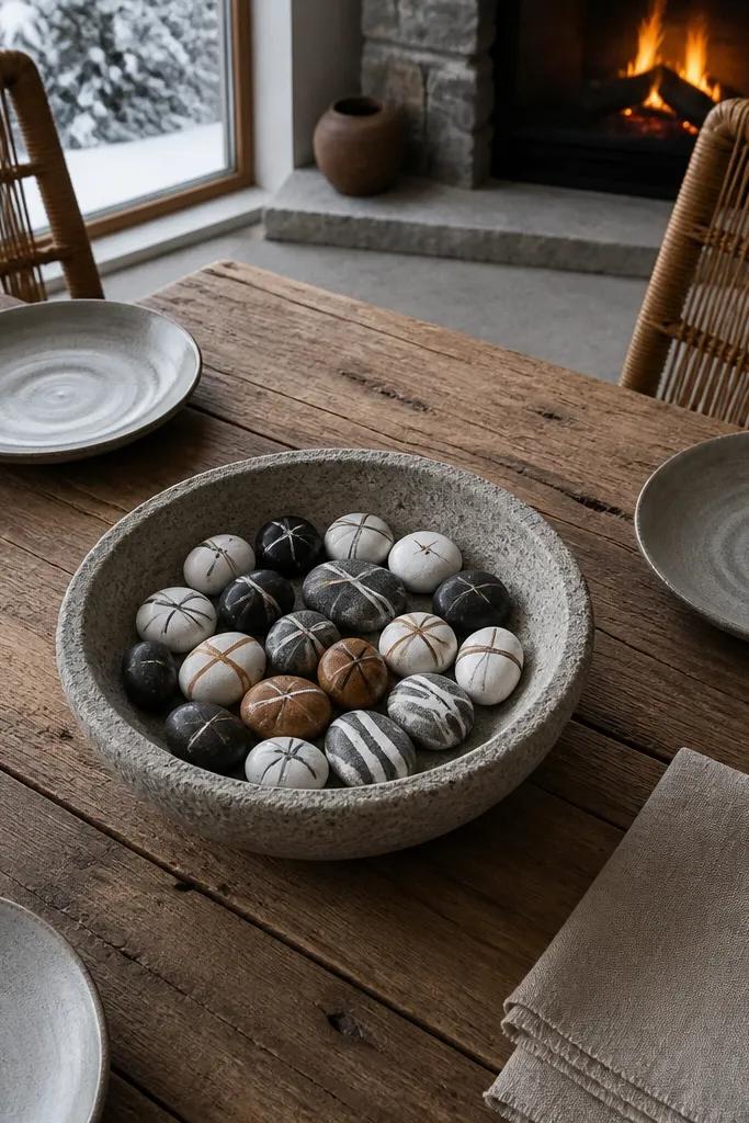A stone bowl filled with painted pebbles and a single candle