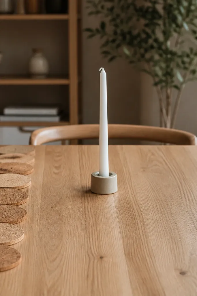 Wine corks arranged in a row with a single candle in the center