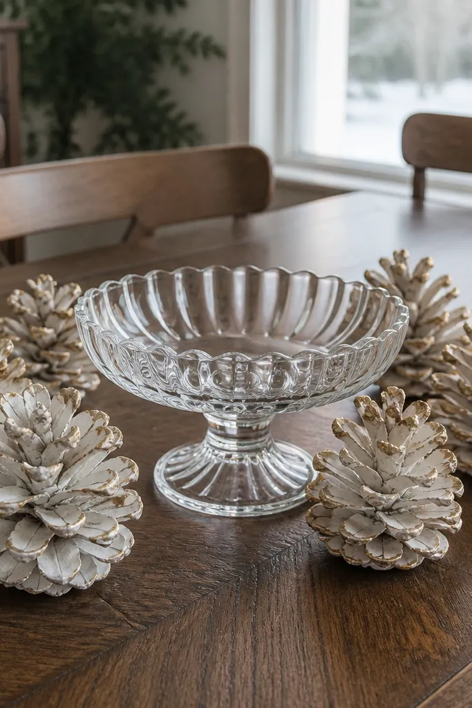 Painted pinecones around a clear glass candy dish and candles