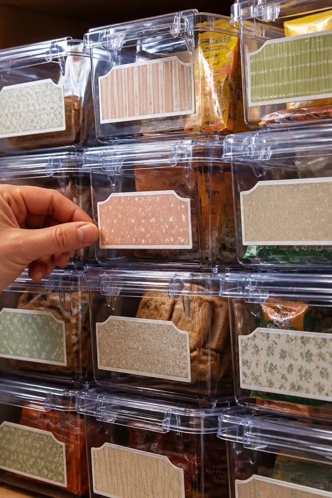 Three clear bins stacked with white labels on the front.