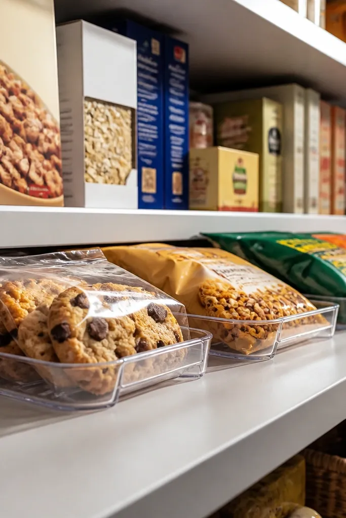 Small white trays clipped under a shelf holding cookies and snacks.