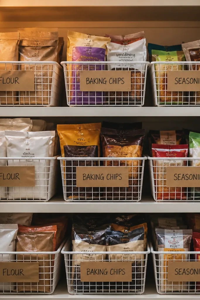 White wire baskets with brown label strips on the front.