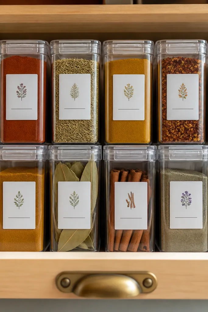 Small clear containers stacked like a drawer with labeled fronts.