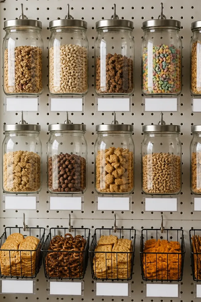 Small pegboard section with hooks and labeled jars.