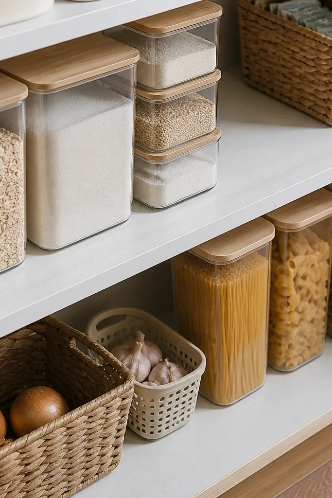 White shelf liner under bins and baskets on a pantry shelf.