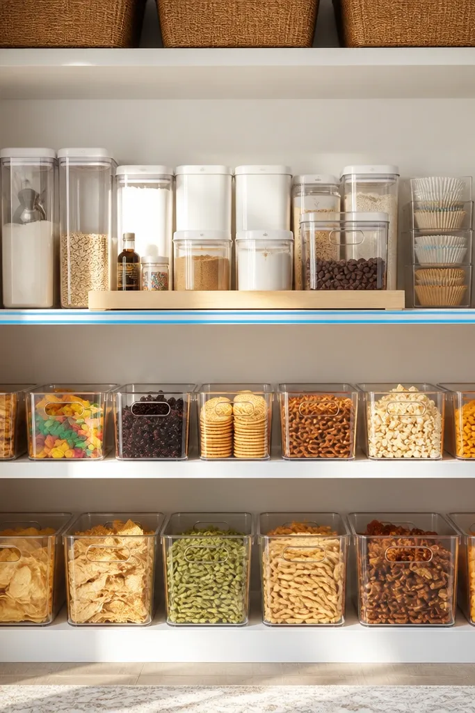 Shelf divided into two zones with tape lines and matching bins.
