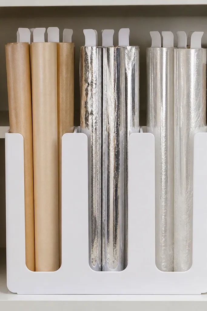 Vertical organizer for foil, parchment, and plastic wrap rolls with labels.