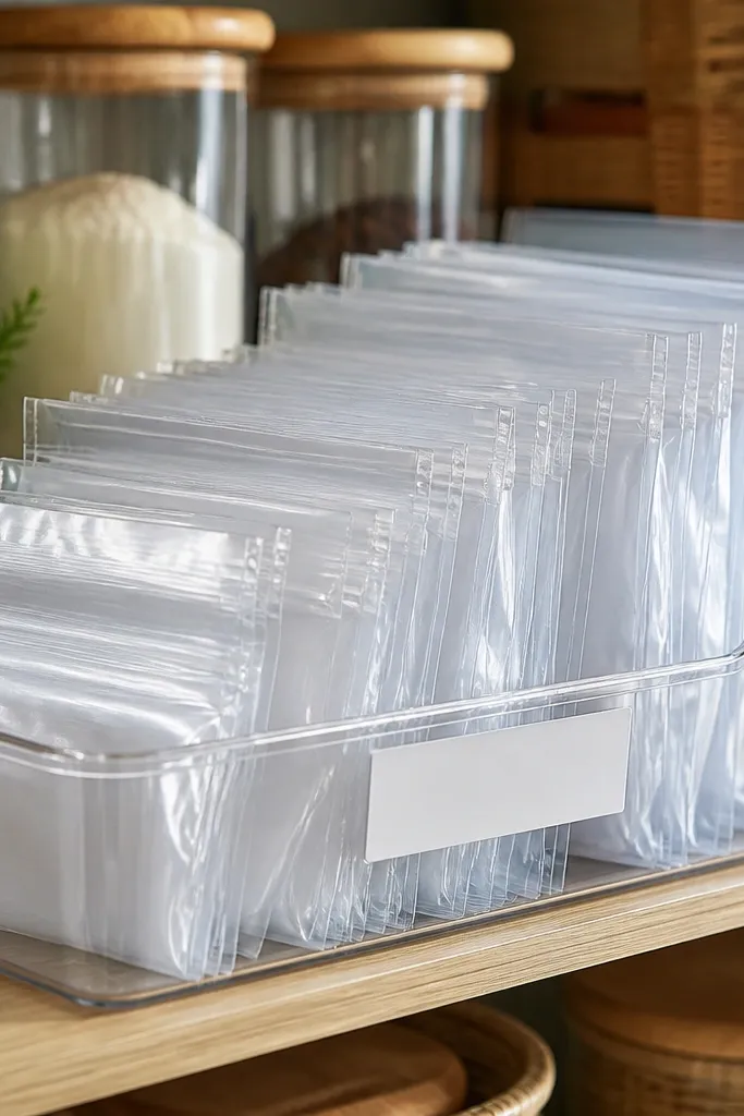 Clear bin with labeled front holding small baggies neatly stacked.