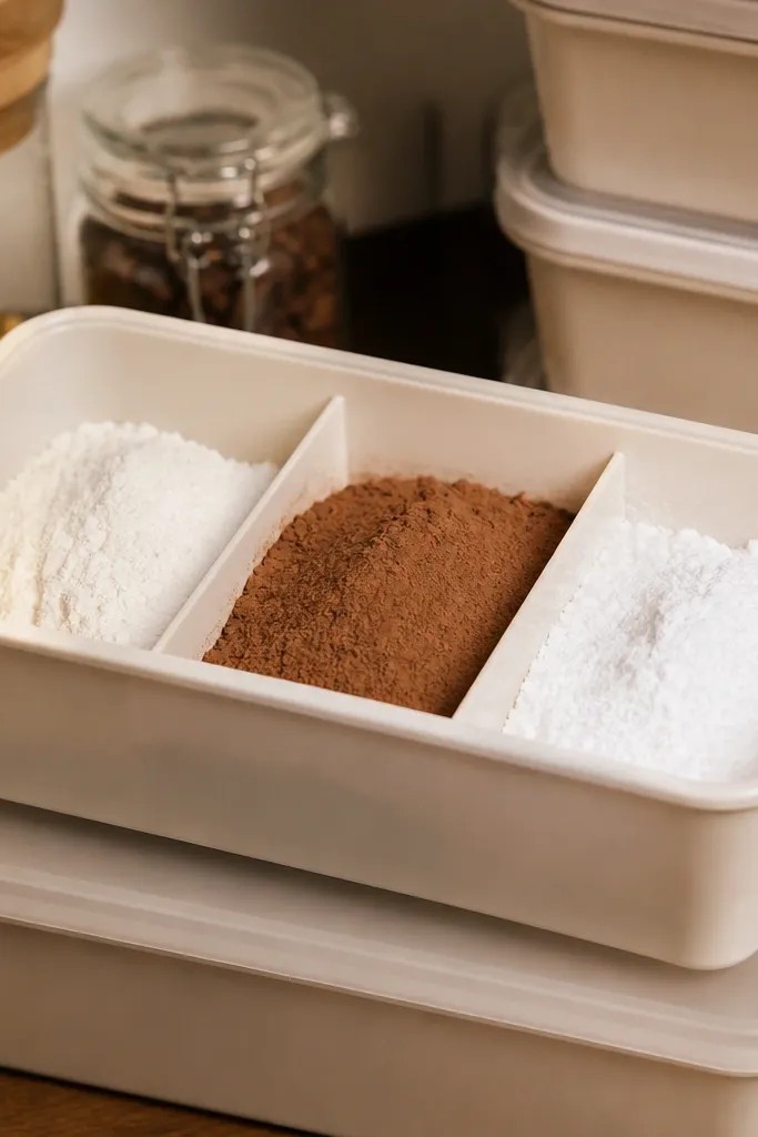 Small plastic tray holding powder containers with labeled compartments.
