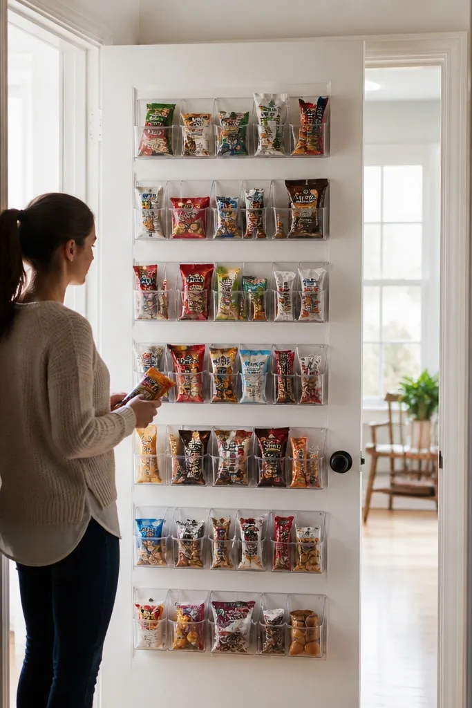 Clear cup holders on a pantry door with tape labels.