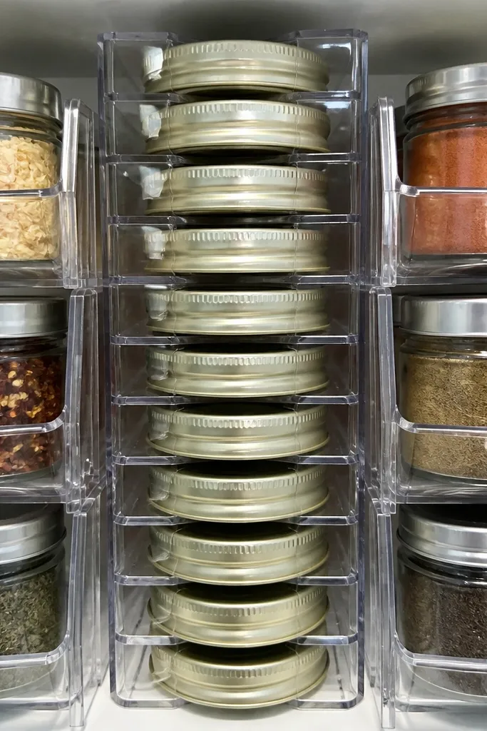 Stacked lids and small jars arranged in neat rows with labels.
