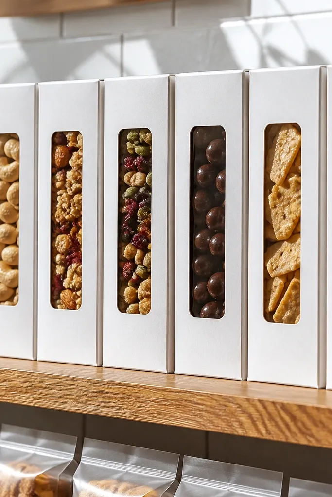 White snack boxes with label strips on the front like windows.