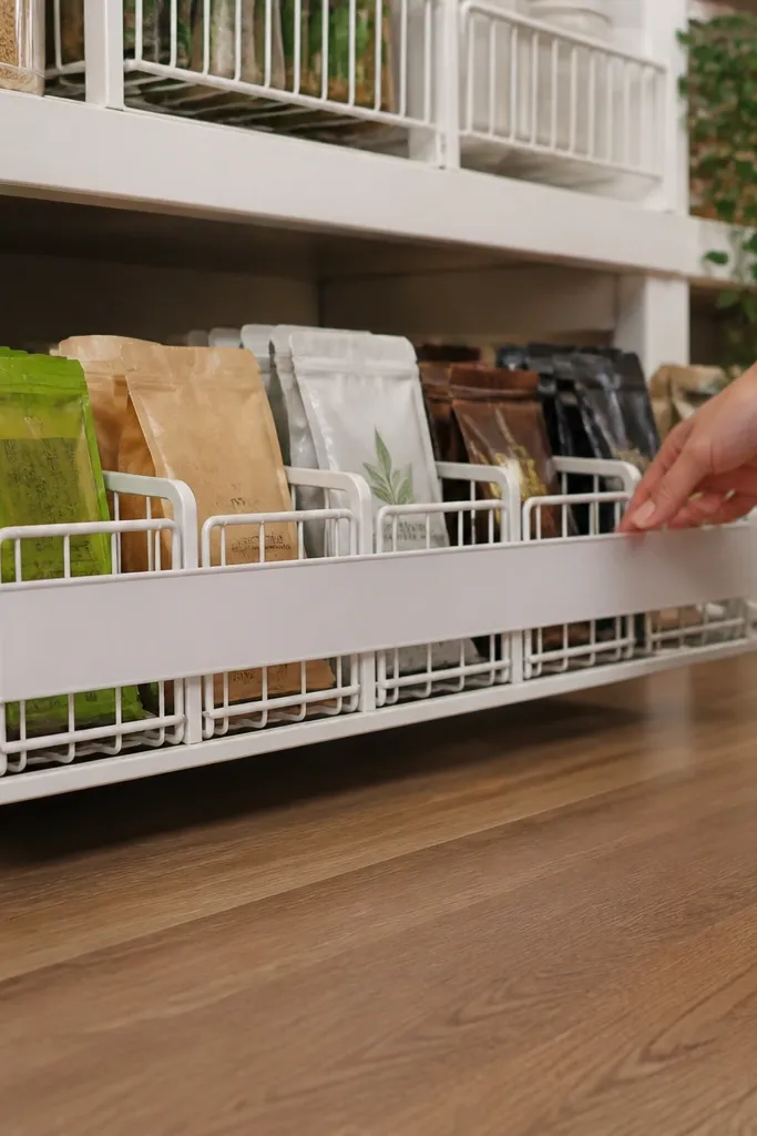 Wire basket holding tea and coffee packets with labels on the front.