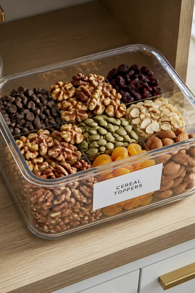 Clear bin with lid holding cereal toppers and a centered label.