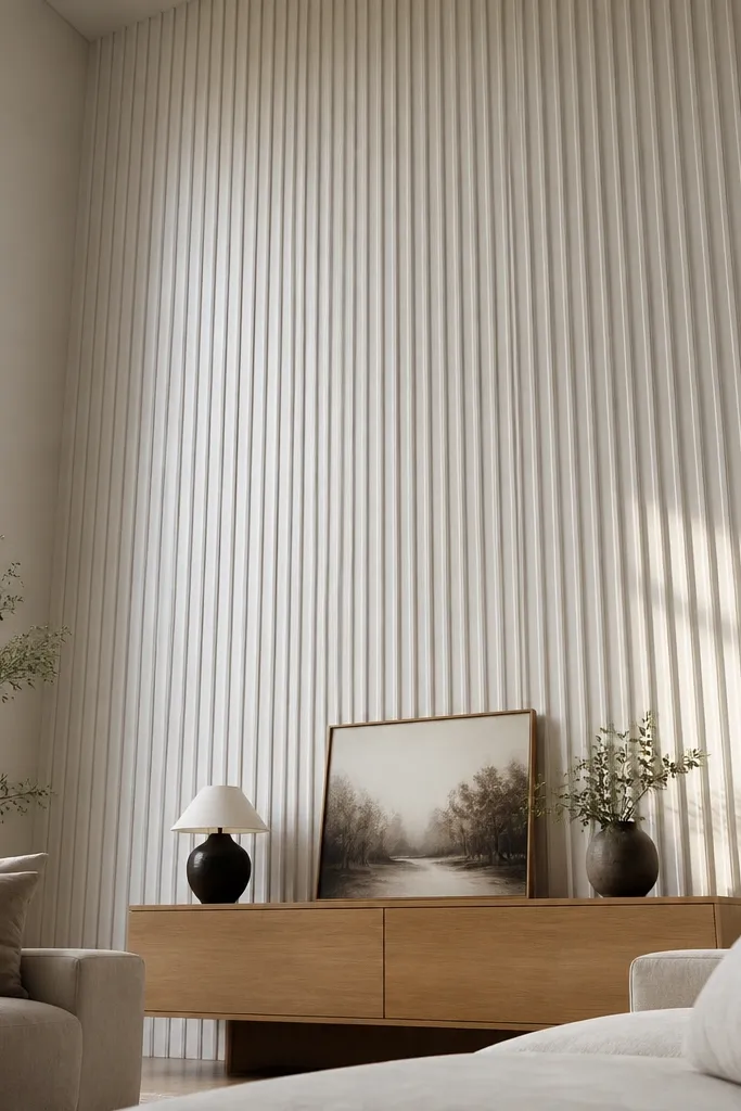 White fluted wall panels from floor to tall ceiling with warm tone lighting
