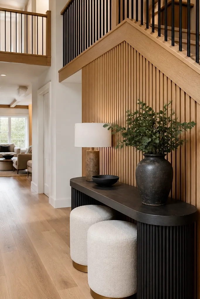 Light oak slat wall and a low console with a matching wood-toned railing