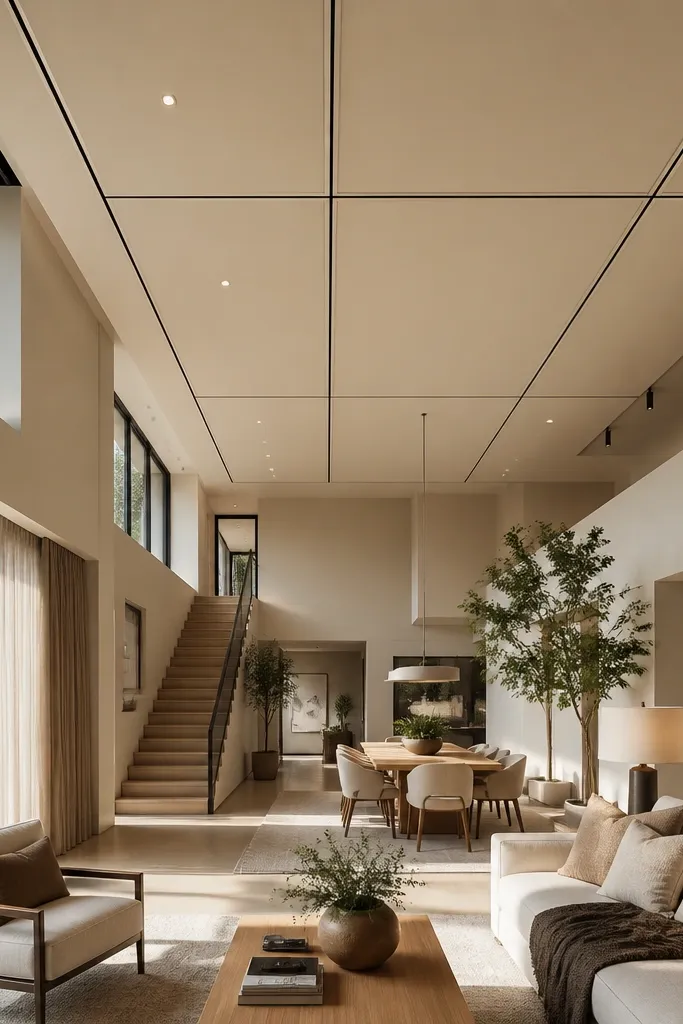 White ceiling with thin strip lines forming a subtle grid pattern