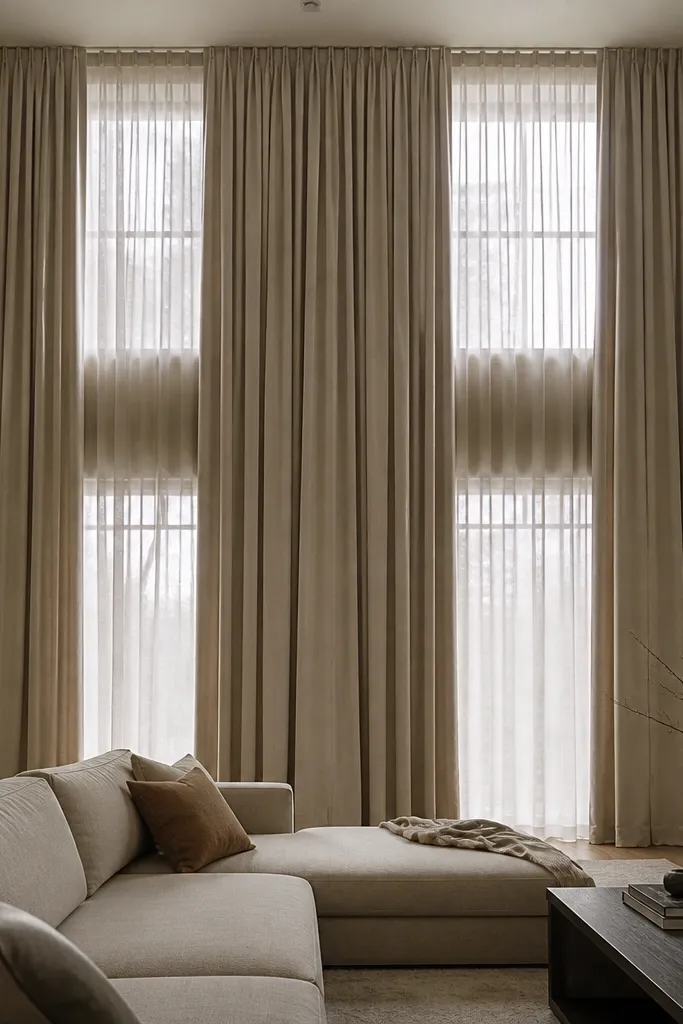 Long neutral curtains hanging from a high track across tall windows